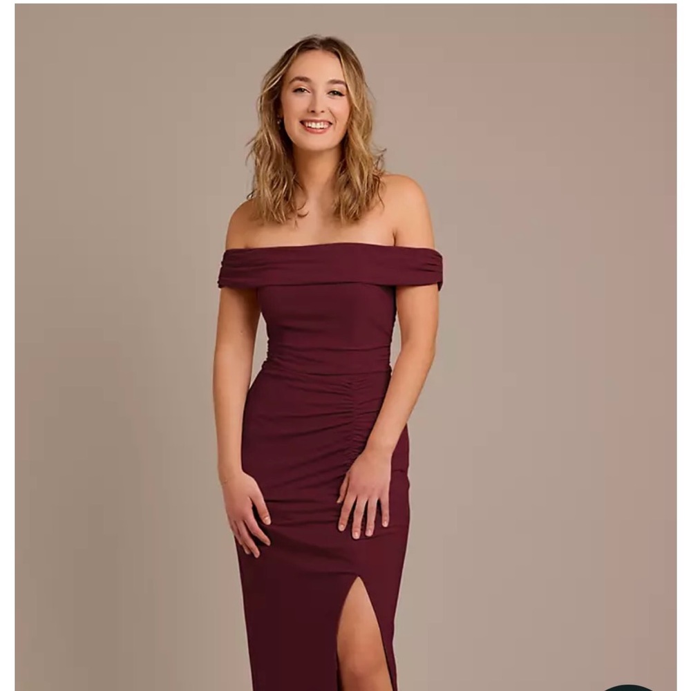 David's Bridal Off-the-Shoulder Jersey Sheath Dress WINE color